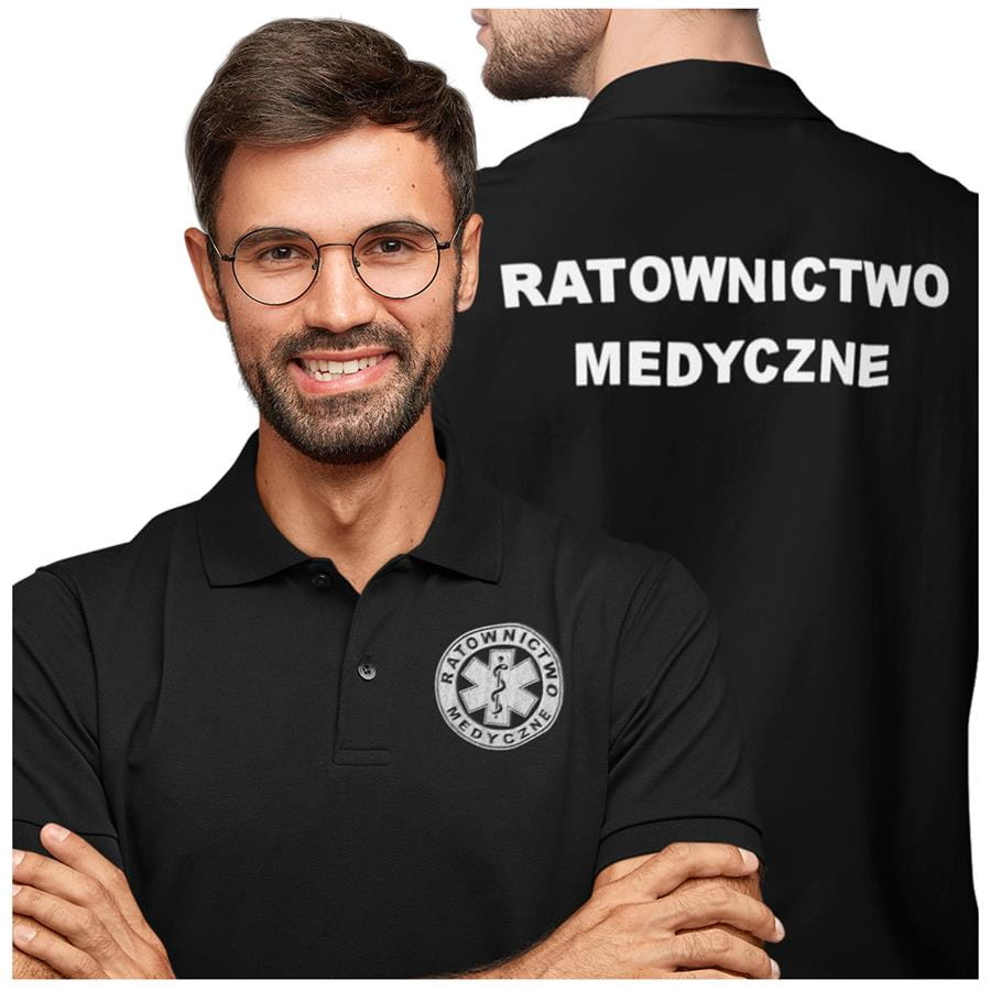 Koszulka polo męska medyczna dla ratownictwa medycznego z logo i napisem ratownictwo medyczne na plecach kolor czarny