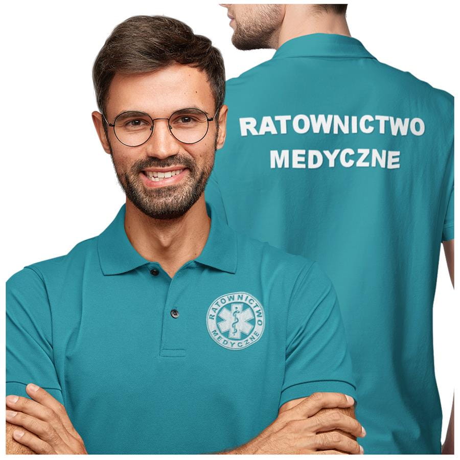 Koszulka polo męska medyczna dla ratownictwa medycznego z logo i napisem ratownictwo medyczne na plecach kolor turkus