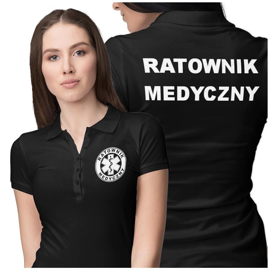 Koszulka polo damska medyczna dla ratownika medycznego z logo i napisem ratownik medyczny na plecach kolor czarny