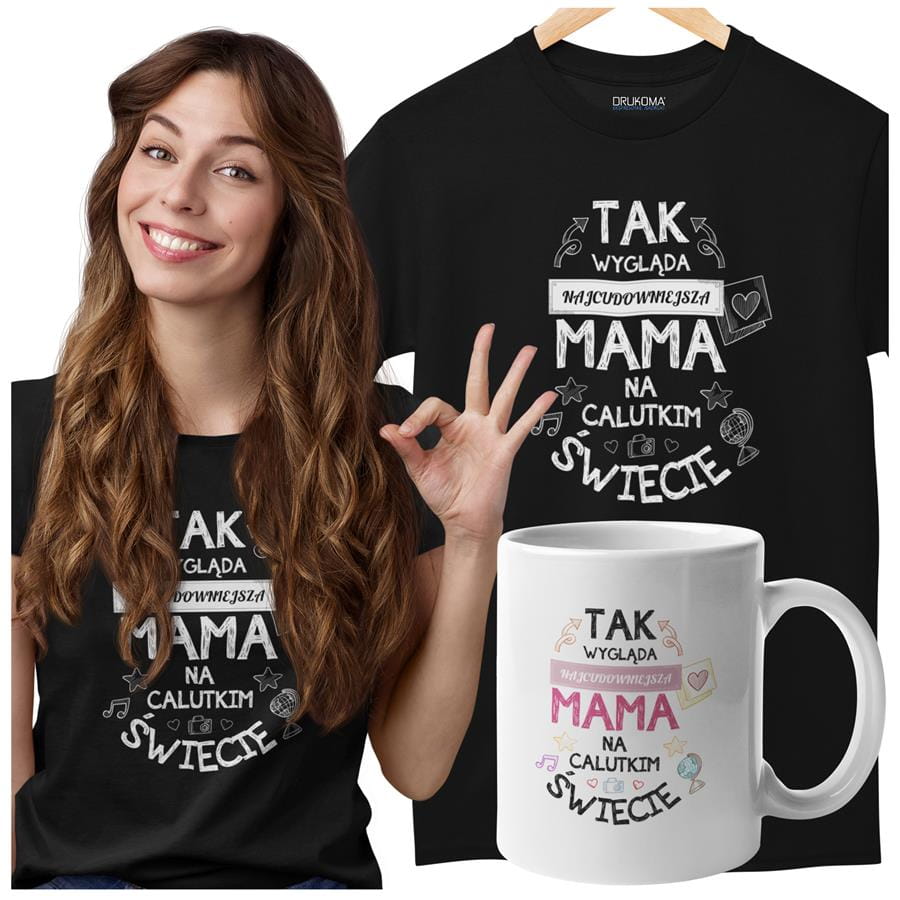 Koszulka dla Mamy na Dzień Mamy zestaw z kubkiem z nadrukiem Tak wygląda najcudowniejsza mama na calutkim świecie kolor czarny