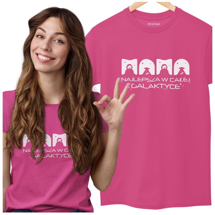 Koszulka dla Mamy na Dzień Mamy z nadrukiem MAMA najlepsza w całej galaktyce kolor różowy