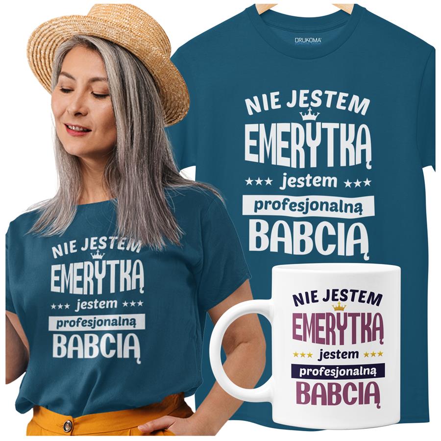  Koszulka dla Babci zestaw z kubkiem i koszulką na prezent z napisem "Nie jestem emerytką jestem profesjonalną babcią" z koszulką w kolorze petrol blue