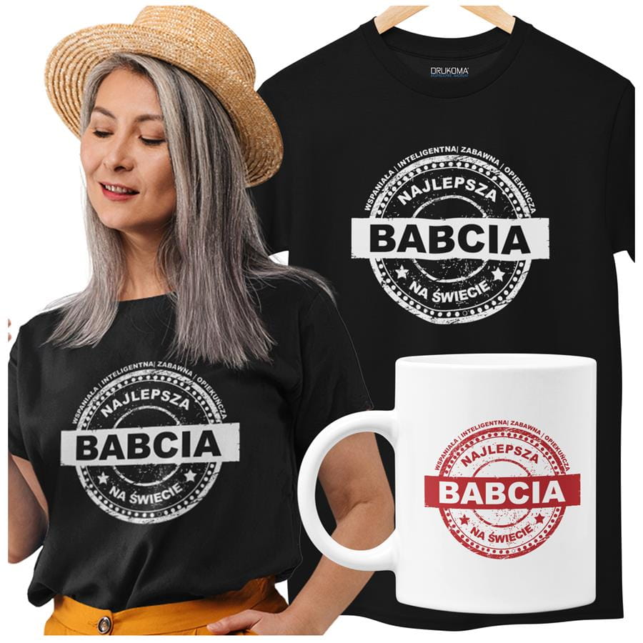 Koszulka dla Babci zestaw z kubkiem i koszulką na prezent z napisem "Wspaniała/inteligentna/zabawna/opiekuńcza najlepsza babcia na świecie" z koszulką w kolorze czarnym