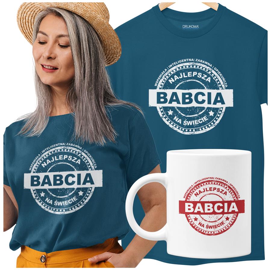 Koszulka dla Babci zestaw z kubkiem i koszulką na prezent z napisem "Wspaniała/inteligentna/zabawna/opiekuńcza najlepsza babcia na świecie" z koszulką w kolorze petrol blue