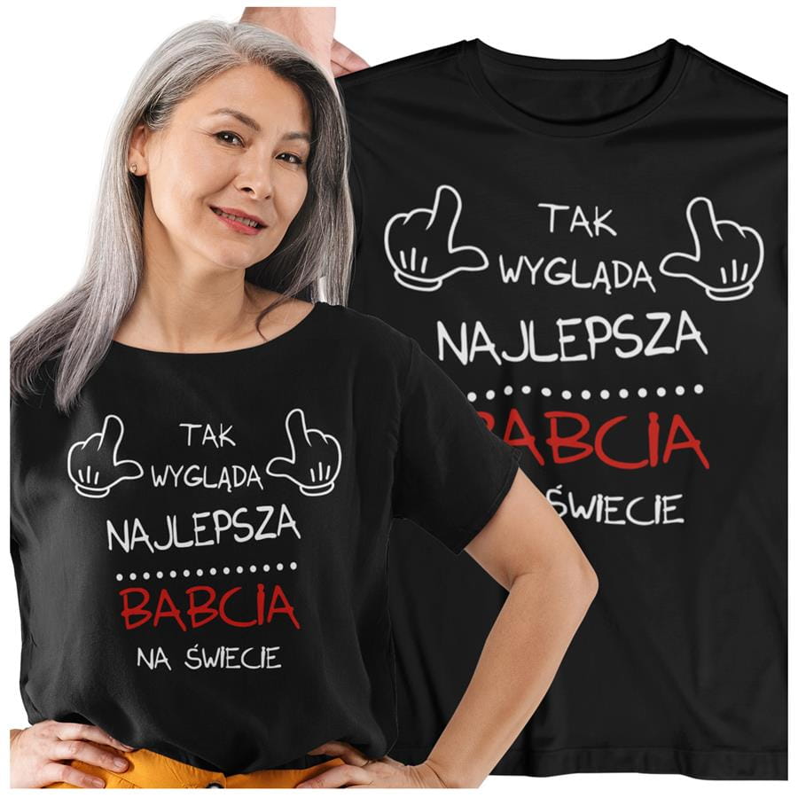 Koszulka dla Babci zestaw z kubkiem i koszulką na prezent z napisem "Tak wygląda najlepsza babcia na świecie" z koszulką w kolorze czarnym