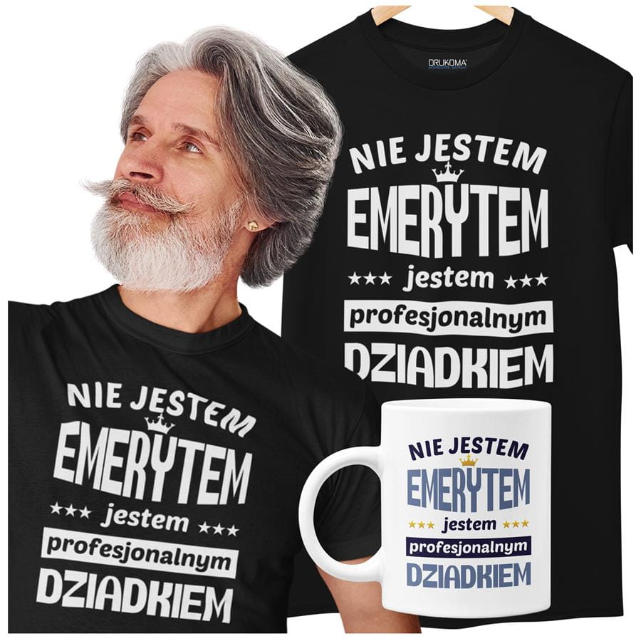 Koszulka dla Dziadka zestaw z kubkiem i koszulką na prezent z napisem "Nie jestem emerytem jestem profesjonalnym dziadkiem" w kolorze czarnym