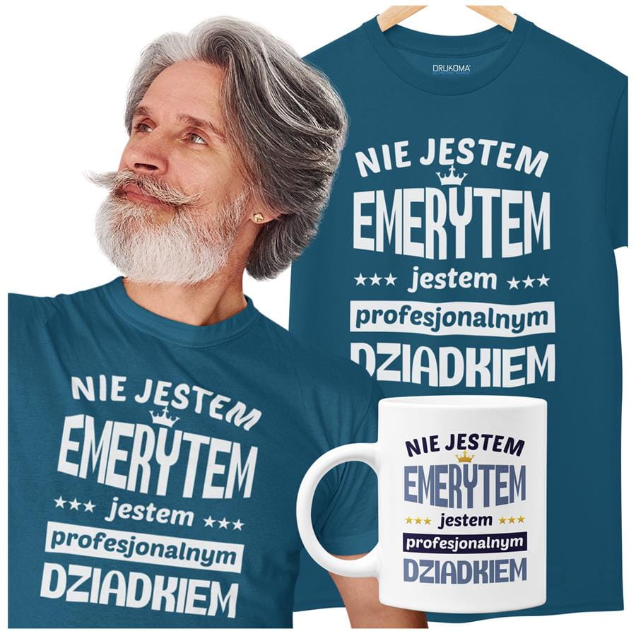 Koszulka dla Dziadka zestaw z kubkiem i koszulką na prezent z napisem "Nie jestem emerytem jestem profesjonalnym dziadkiem" w kolorze petrol blue