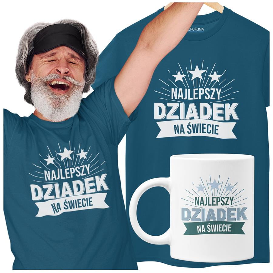 Koszulka dla Dziadka zestaw z kubkiem i koszulką na prezent z napisem "Najlepszy dziadek na świecie" w kolorze petrol blue