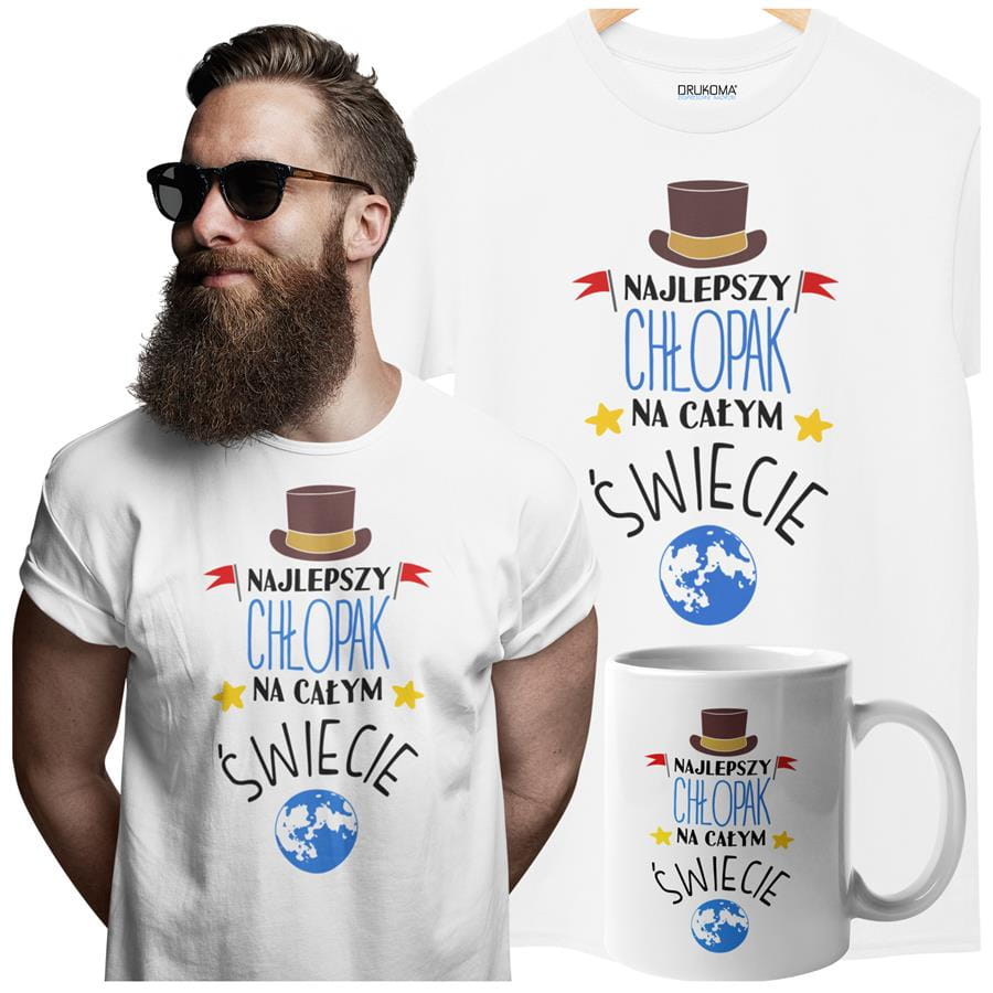 Koszulka dla Chłopaka w zestawie z kubkiem z nadrukiem "Najlepszy Chłopak na całym świecie" w kolorze białym