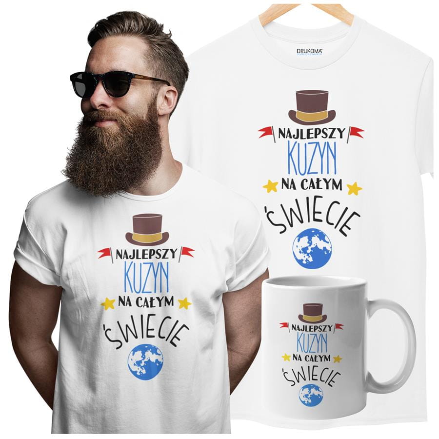 Koszulka dla Kuzyna w zestawie z kubkiem z nadrukiem "Najlepszy Kuzyn na całym świecie" w kolorze białym