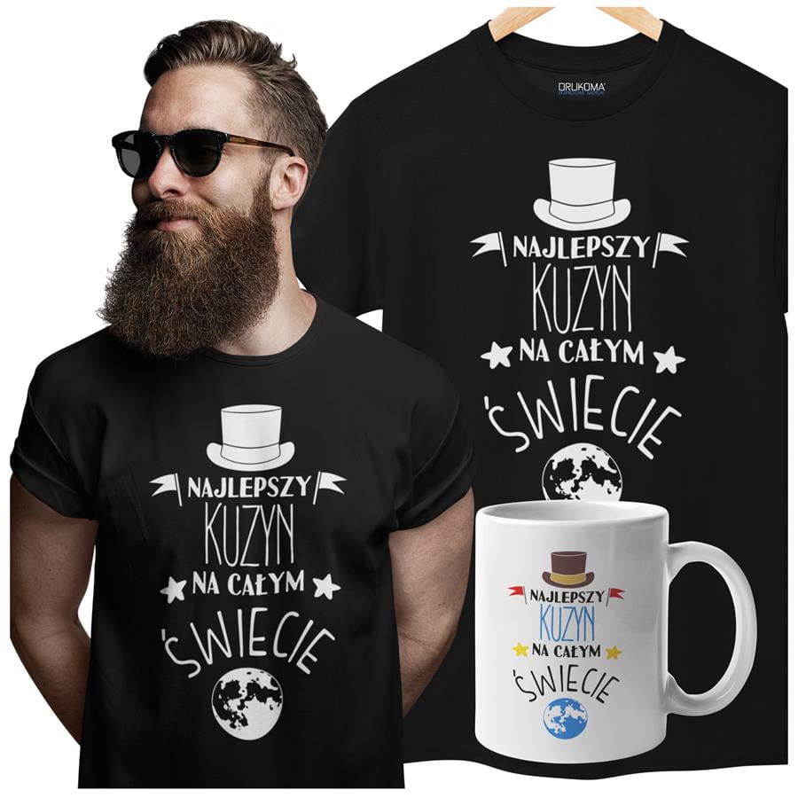 Koszulka dla Kuzyna w zestawie z kubkiem z nadrukiem "Najlepszy Kuzyn na całym świecie" w kolorze czarnym