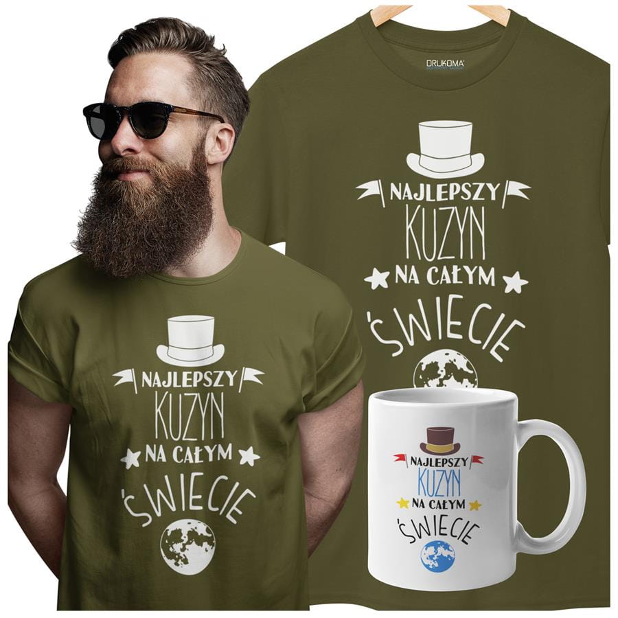 Koszulka dla Kuzyna w zestawie z kubkiem z nadrukiem "Najlepszy Kuzyn na całym świecie" w kolorze khaki