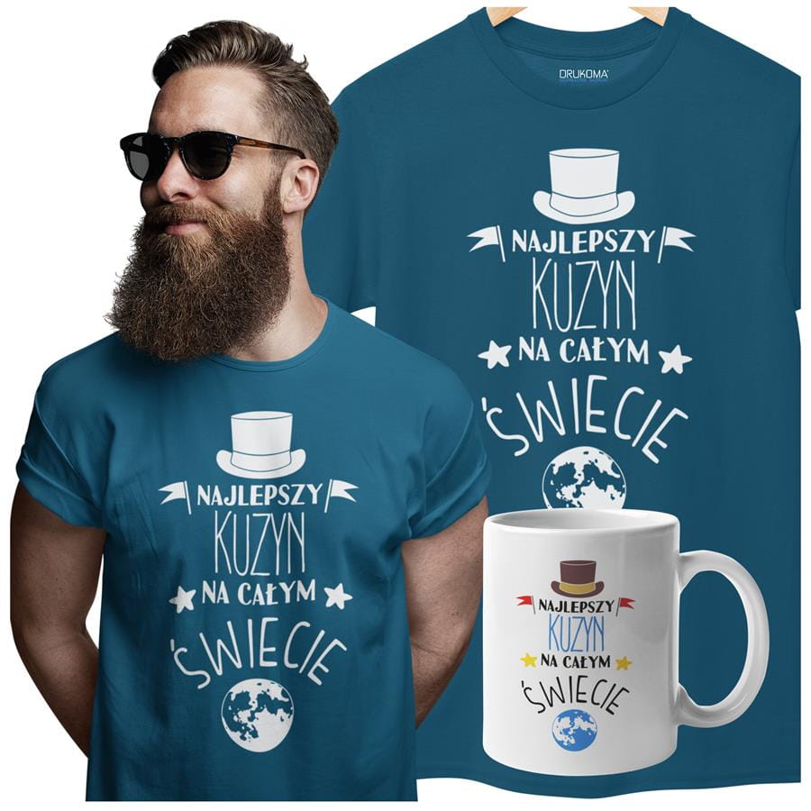 Koszulka dla Kuzyna w zestawie z kubkiem z nadrukiem "Najlepszy Kuzyn na całym świecie" w kolorze petrol blue
