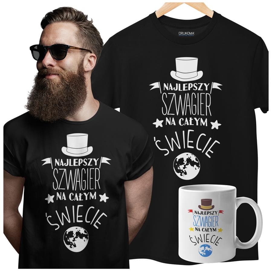 Koszulka dla Szwagra w zestawie z kubkiem z nadrukiem "Najlepszy Szwagier na całym świecie" w kolorze czarny
