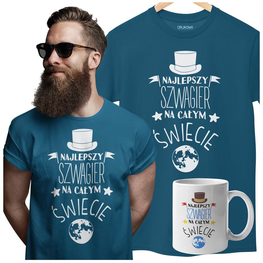 Koszulka dla Szwagra w zestawie z kubkiem z nadrukiem "Najlepszy Szwagier na całym świecie" w kolorze petrol blue