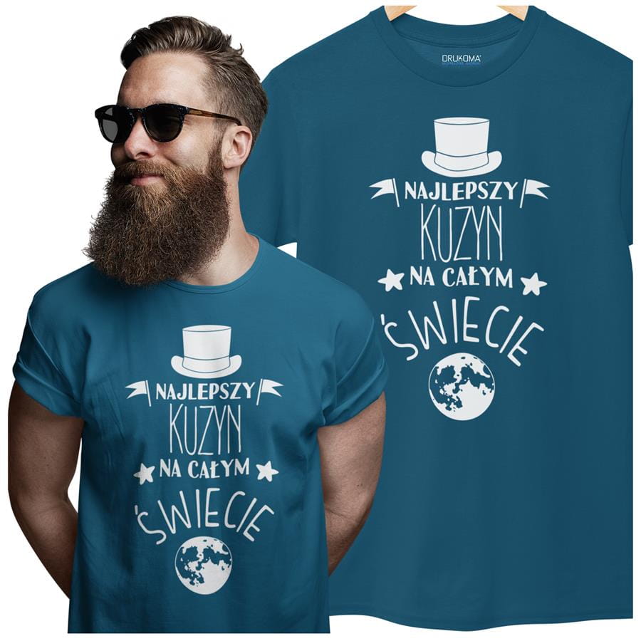 Koszulka dla Kuzyna modny prezent na Urodziny stylowa koszulka z napisem "Najlepszy Kuzyn na całym świecie" w kolorze petrol blue