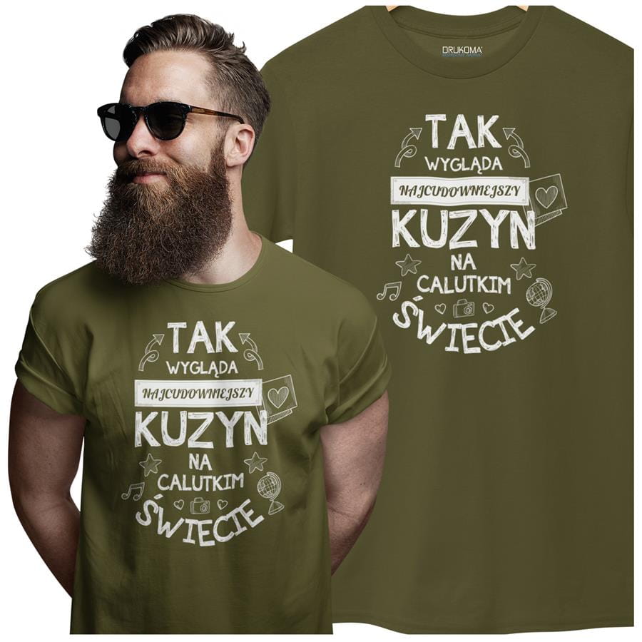 Koszulka dla Kuzyna modny prezent na Urodziny stylowa koszulka z napisem "Tak wygląda najcudowniejszy Kuzyn na calutkim świecie" w kolorze khaki