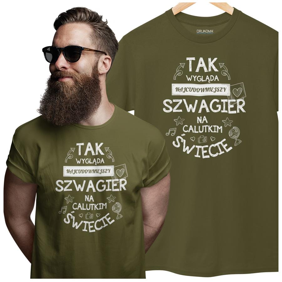 Koszulka dla Szwagra modny prezent na Urodziny stylowa koszulka z napisem "Tak wygląda najcudowniejszy Szwagier na calutkim świecie" w kolorze khaki 