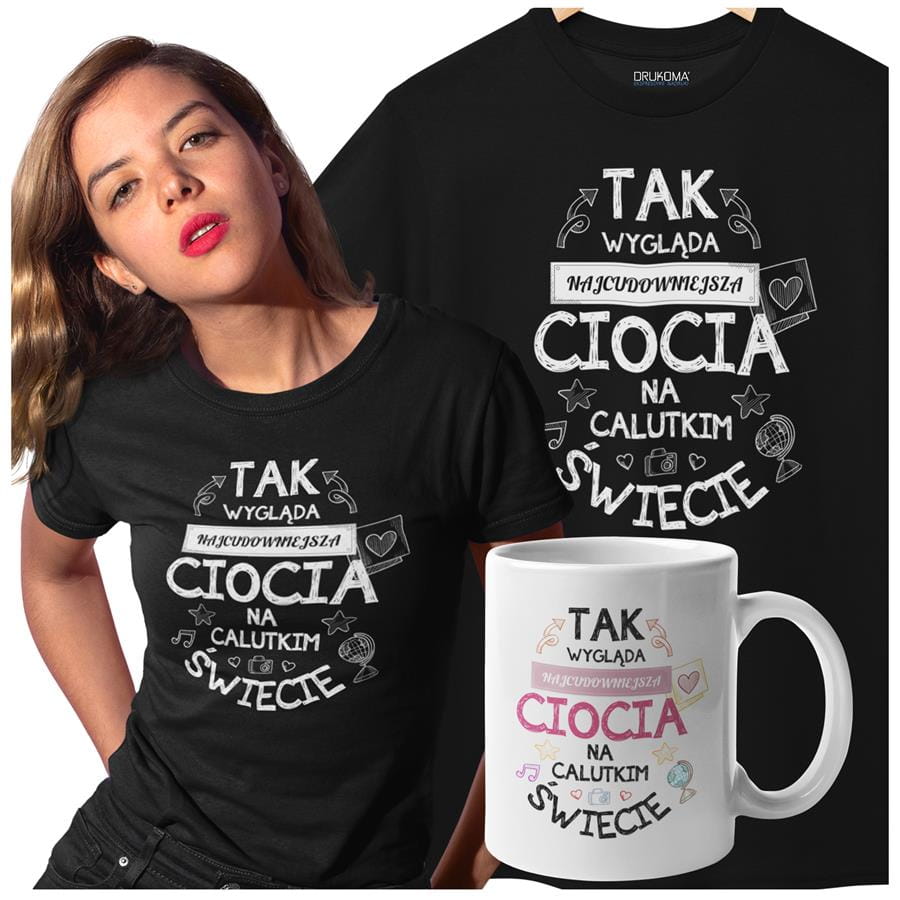 Koszulka dla Cioci w zestawie z kubkiem z nadrukiem "Tak wygląda najcudowniejsza Ciocia na calutkim świecie" w kolorze czarnym