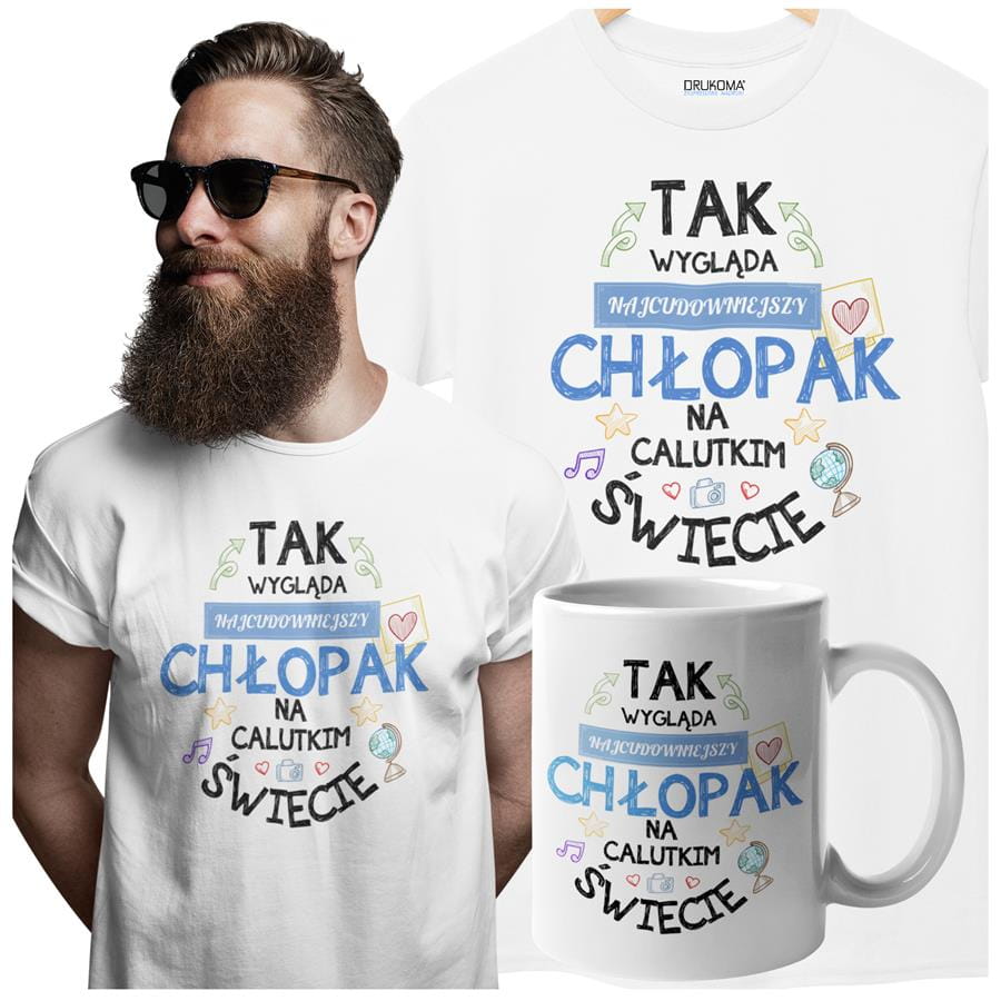 Koszulka dla Chłopaka w zestawie z kubkiem z nadrukiem "Tak wygląda najcudowniejszy Chłopak na calutkim świecie" w kolorze białym