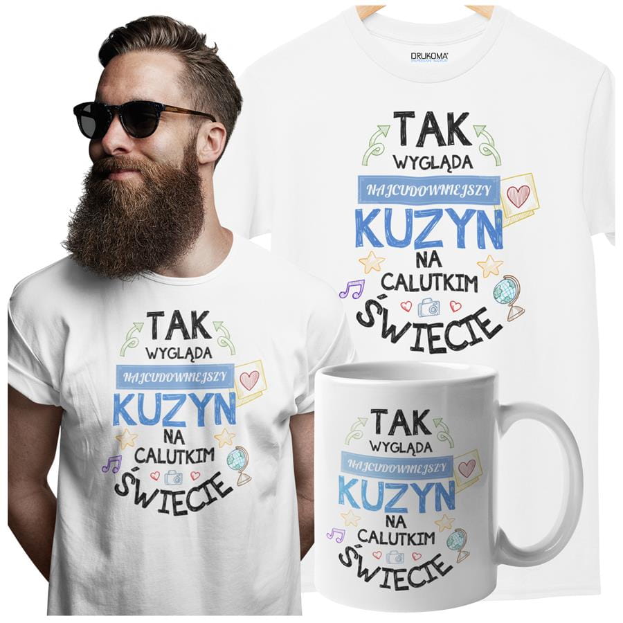 Koszulka dla Kuzyna w zestawie z kubkiem z nadrukiem "Tak wygląda najcudowniejszy Kuzyn na calutkim świecie" w kolorze białym