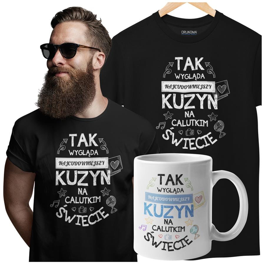 Koszulka dla Kuzyna w zestawie z kubkiem z nadrukiem "Tak wygląda najcudowniejszy Kuzyn na calutkim świecie" w kolorze czarnym