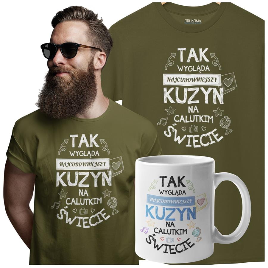 Koszulka dla Kuzyna w zestawie z kubkiem z nadrukiem "Tak wygląda najcudowniejszy Kuzyn na calutkim świecie" w kolorze khaki 