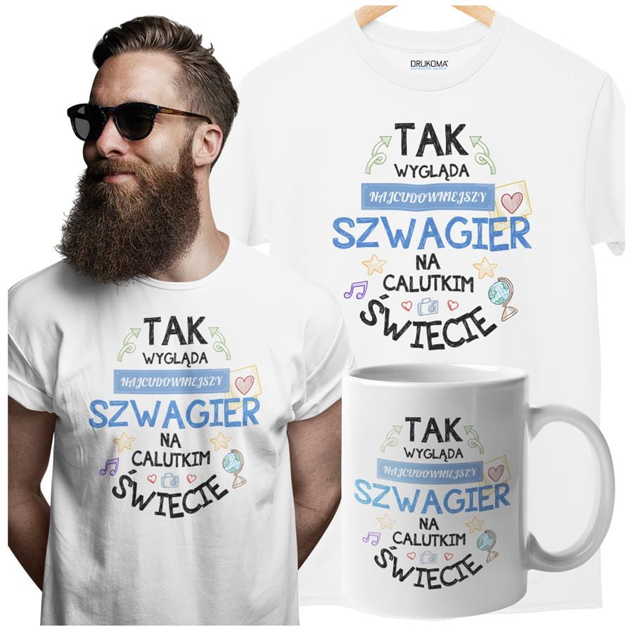 Koszulka dla Szwagra w zestawie z kubkiem z nadrukiem "Tak wygląda najcudowniejszy Szwagier na calutkim świecie" w kolorze białym