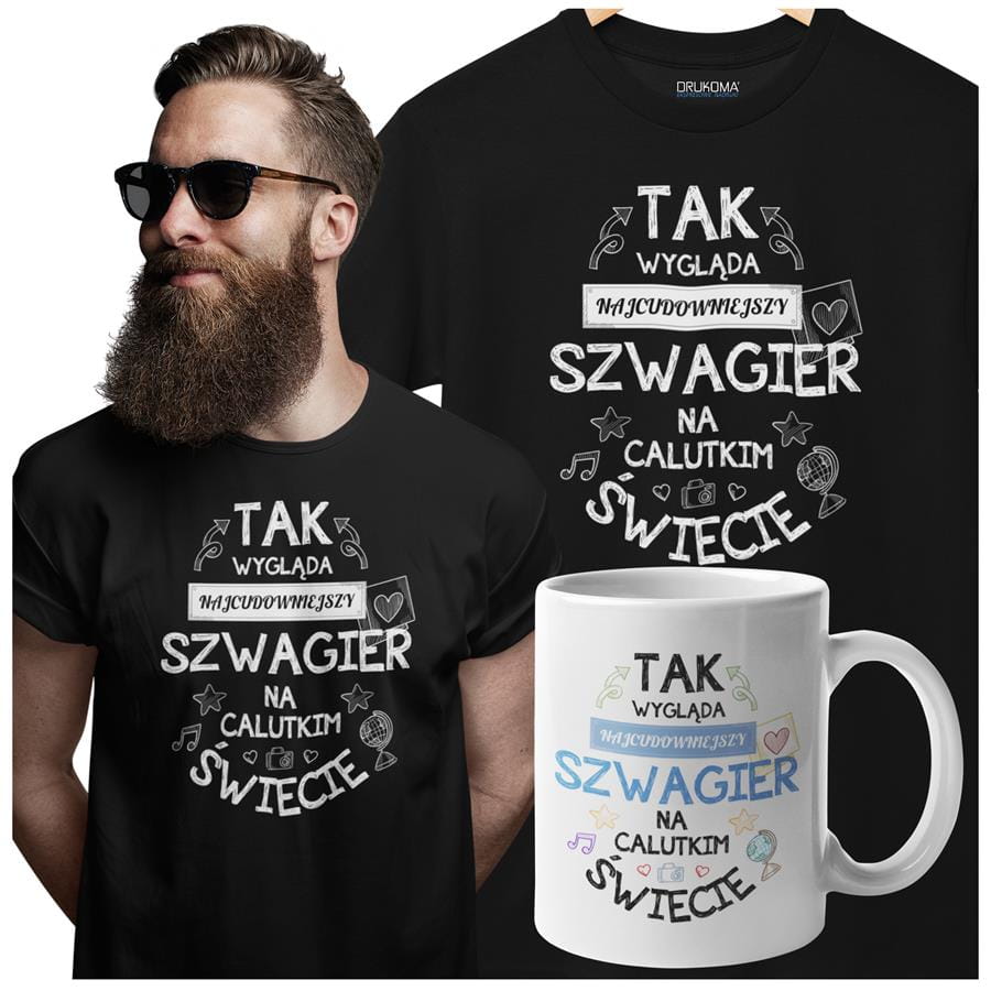 Koszulka dla Szwagra w zestawie z kubkiem z nadrukiem "Tak wygląda najcudowniejszy Szwagier na calutkim świecie" w kolorze czarny