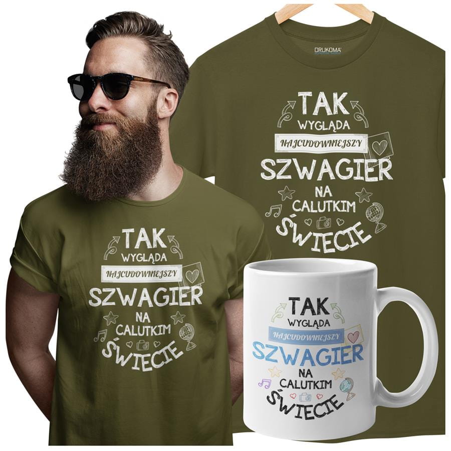 Koszulka dla Szwagra w zestawie z kubkiem z nadrukiem "Tak wygląda najcudowniejszy Szwagier na calutkim świecie" w kolorze khaki