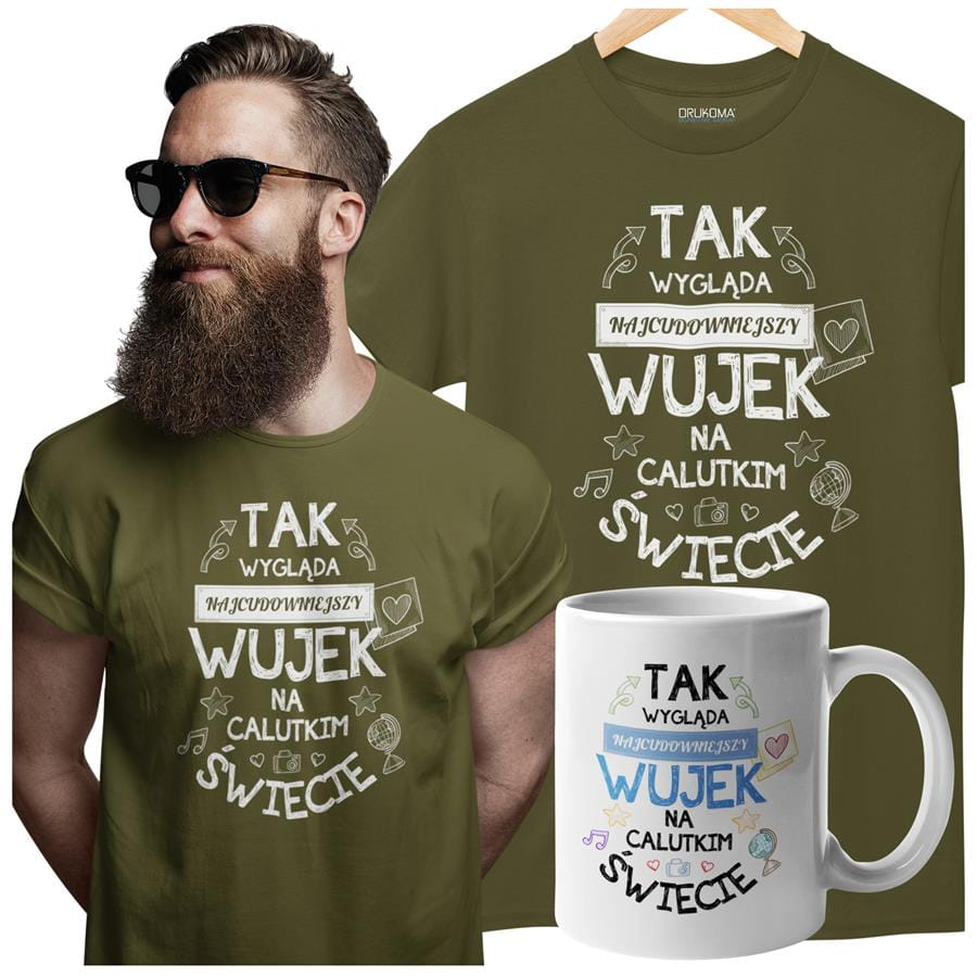 Koszulka dla Wuja w zestawie z kubkiem z nadrukiem "Tak wygląda najcudowniejszy Wujek na calutkim świecie" w kolorze khaki