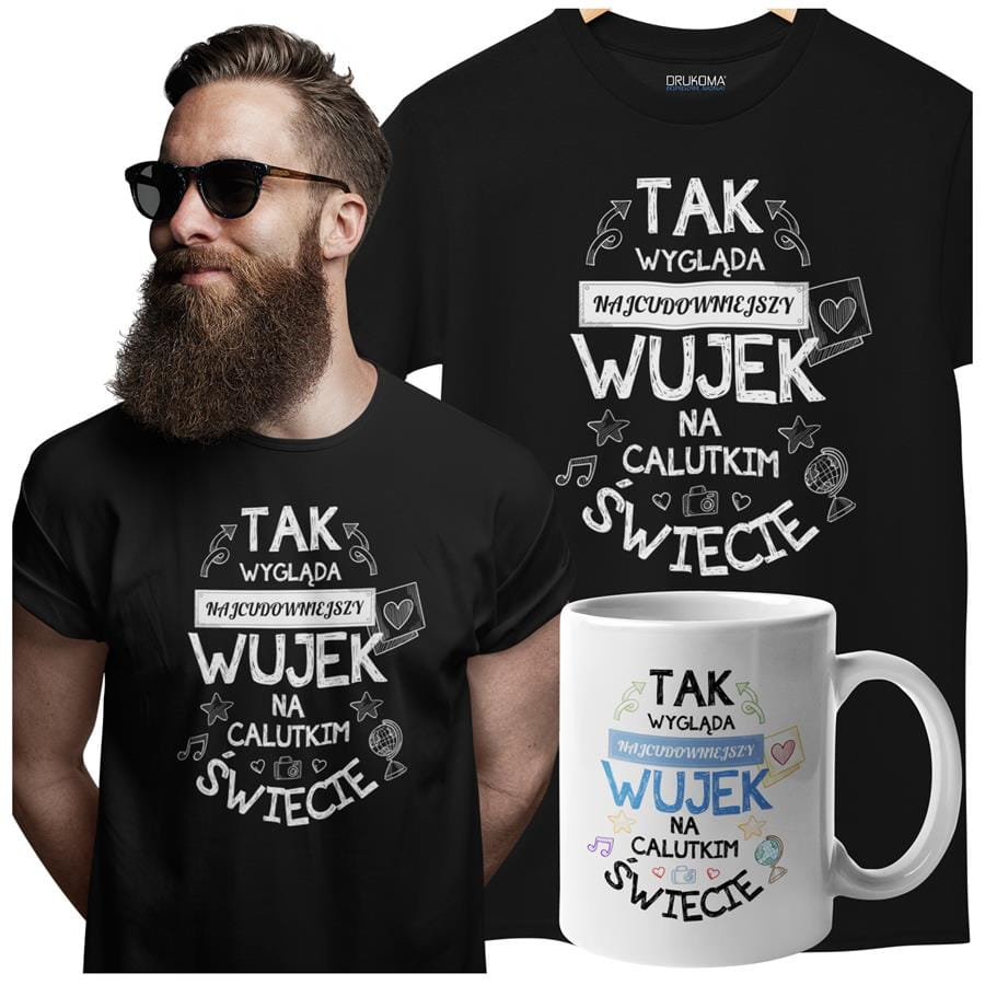Koszulka dla Wuja w zestawie z kubkiem z nadrukiem "Tak wygląda najcudowniejszy Wujek na calutkim świecie" w kolorze czarnym