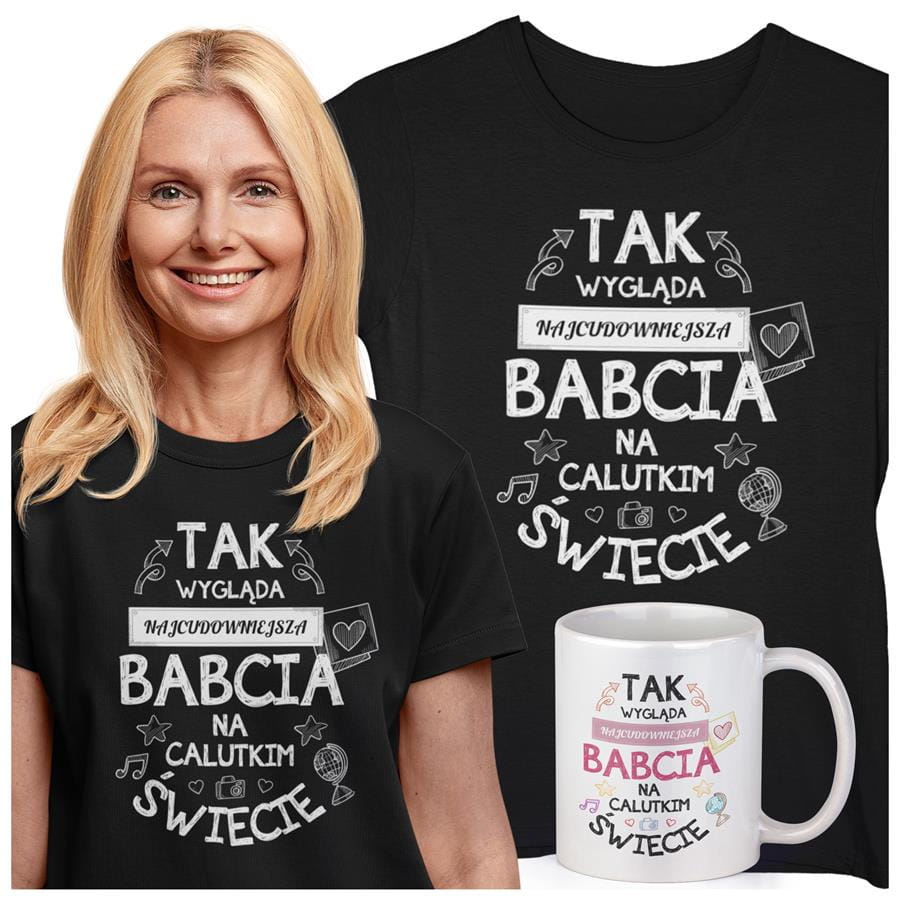 Koszulka z kubkiem dla Babci na Dzień Babci NAJCUDOWNIEJSZA BABCIA NA CALUTKIM ŚWIECIE koszulka w kolorze czarnym