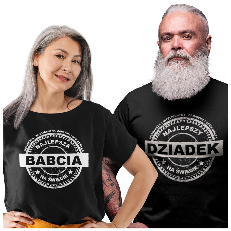 Koszulka dla Babci i Dziadka z napisem: "Wspaniała / inteligentna / zabawna / opiekuńcza najlepsza Babcia na świecie" i  "Wspaniały / inteligentny / zabawny / opiekuńczy Najlepszy dziadek na świecie" koszulki na Dzień Babci i Dziadka w kolorze czarnym