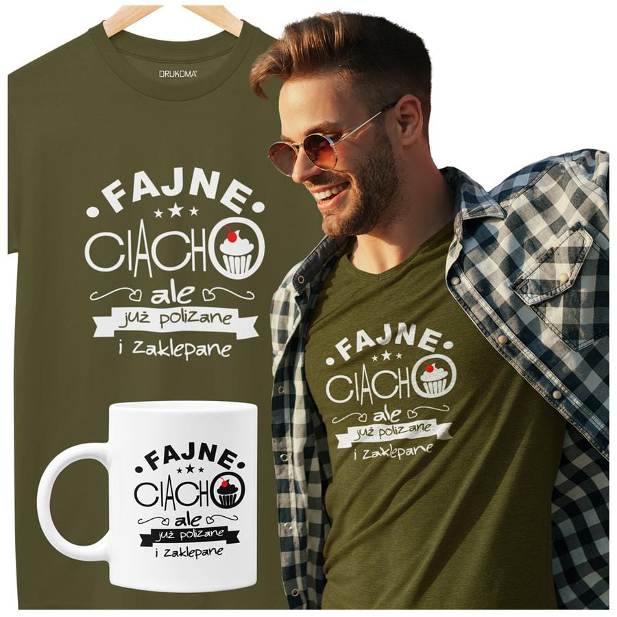 Koszulka dla Chłopaka w zestawie z kubkiem z nadrukiem FAJNE CIACHO, ALE JUŻ POLIZANE I ZAKLEPANE KOLOR KHAKI