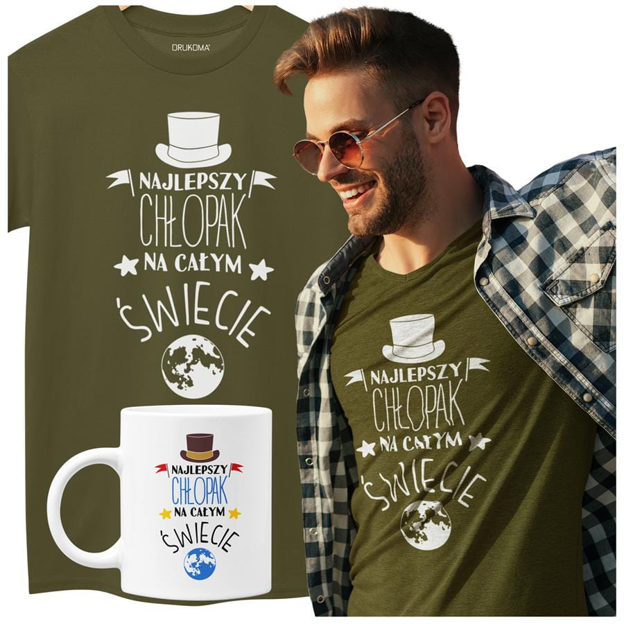 Koszulka dla Chłopaka w zestawie z kubkiem z nadrukiem "Najlepszy Chłopak na całym świecie" w kolorze khaki