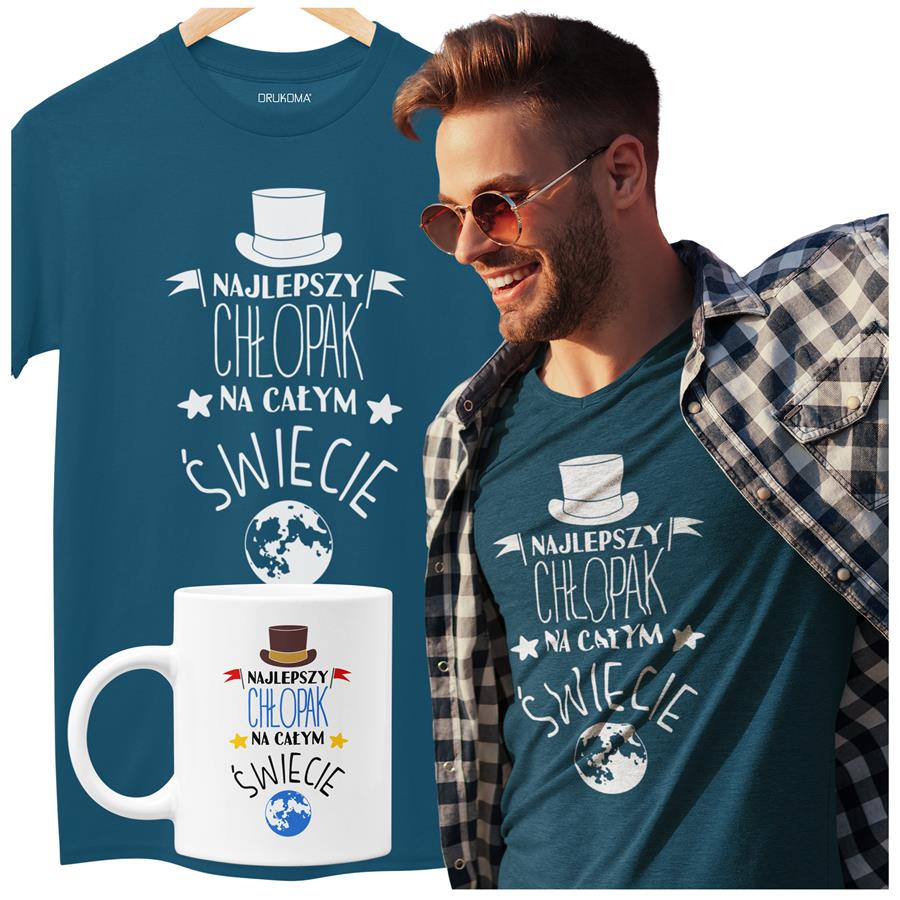 Koszulka dla Chłopaka w zestawie z kubkiem z nadrukiem "Najlepszy Chłopak na całym świecie" w kolorze petrol blue