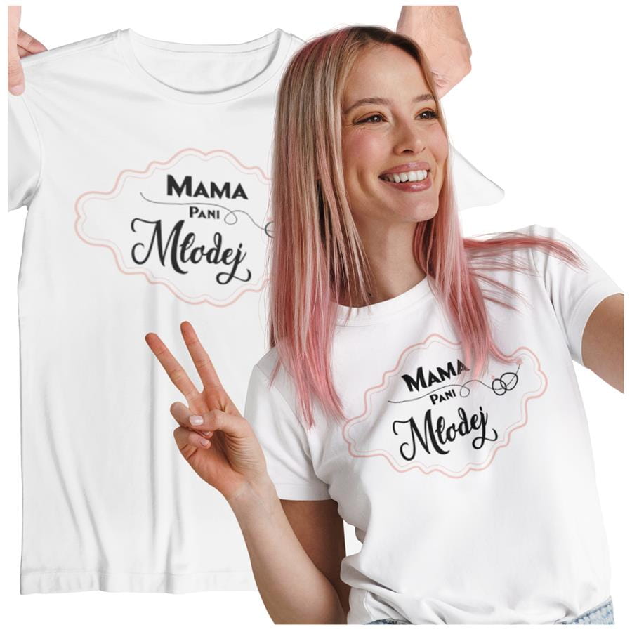 Koszulka dla MAMY PANI MŁODEJ na wieczór panieński, butelki modny prezent na niezapomnianą noc Stylowa koszulka z napisem: "Mama Pani Młodej" w kolorze białym