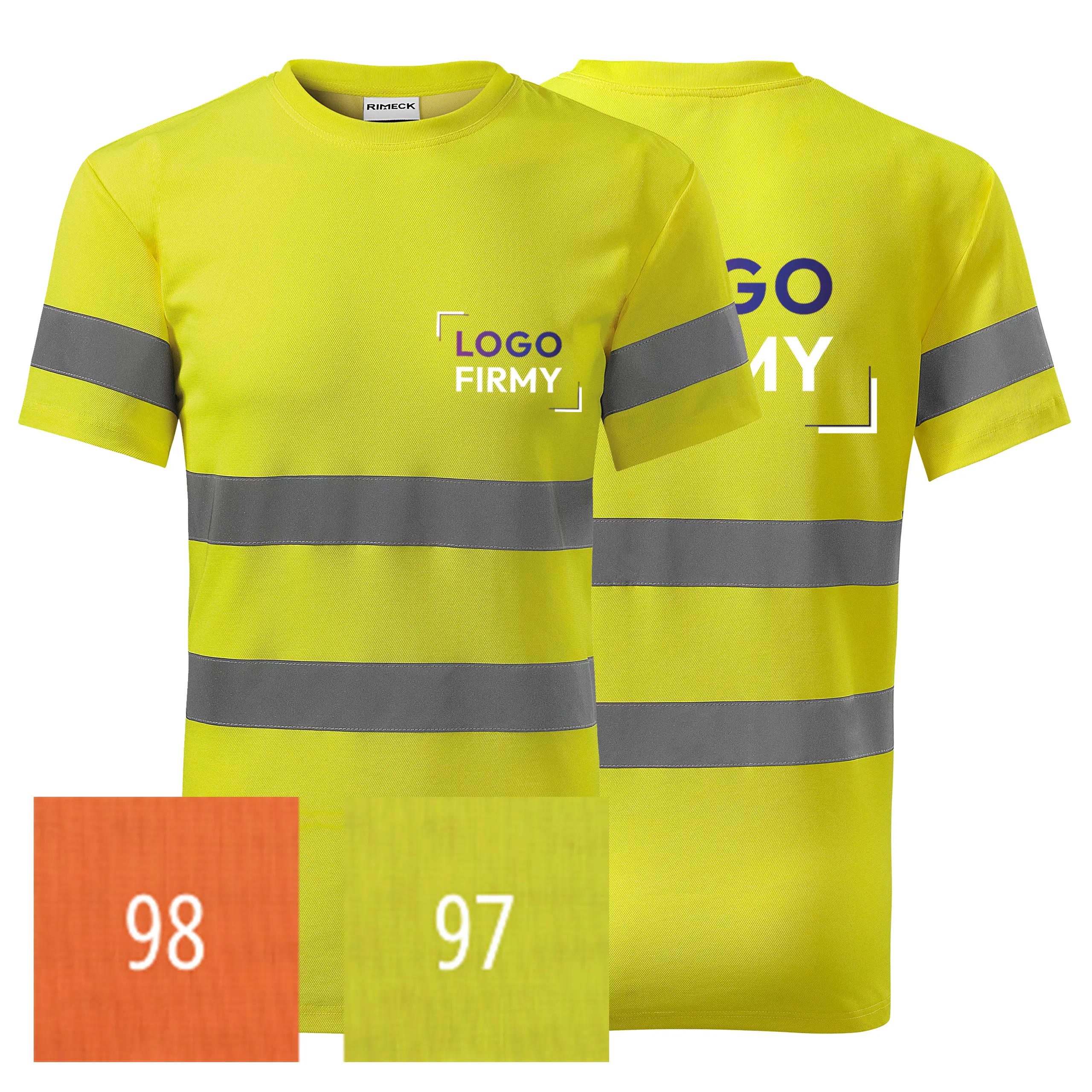 Koszulka odblaskowa unisex 175g paski odblaskowe 3M HV Protect 1V9 z logo własnym nadrukiem na sercu i plecach odzież reklamowa ostrzegawcza WSZYSTKIE