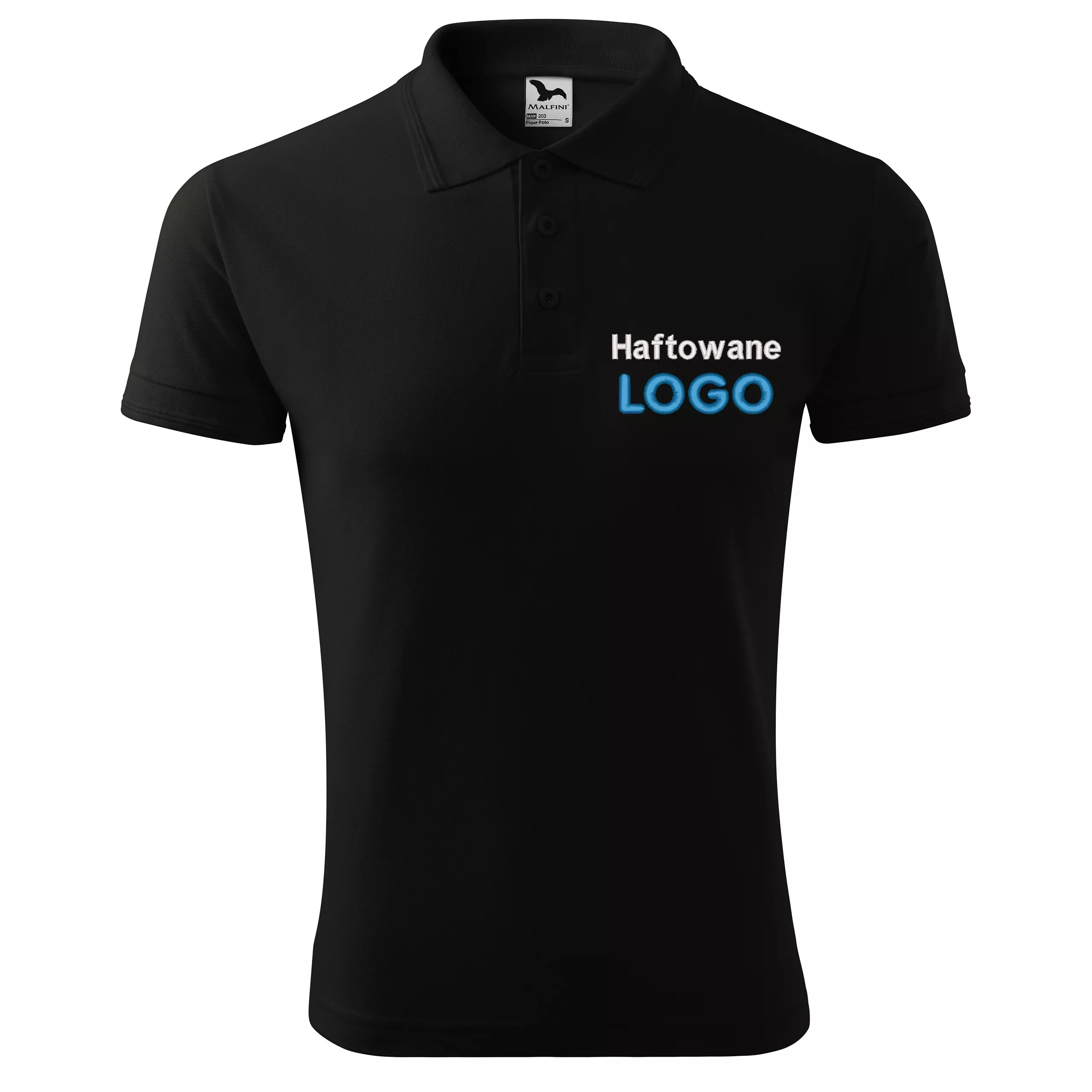 Koszulka polo CZARNA z logo na sercu męska z HAFTEM logo firmy 200g 203 kolor 01 koszulka polo