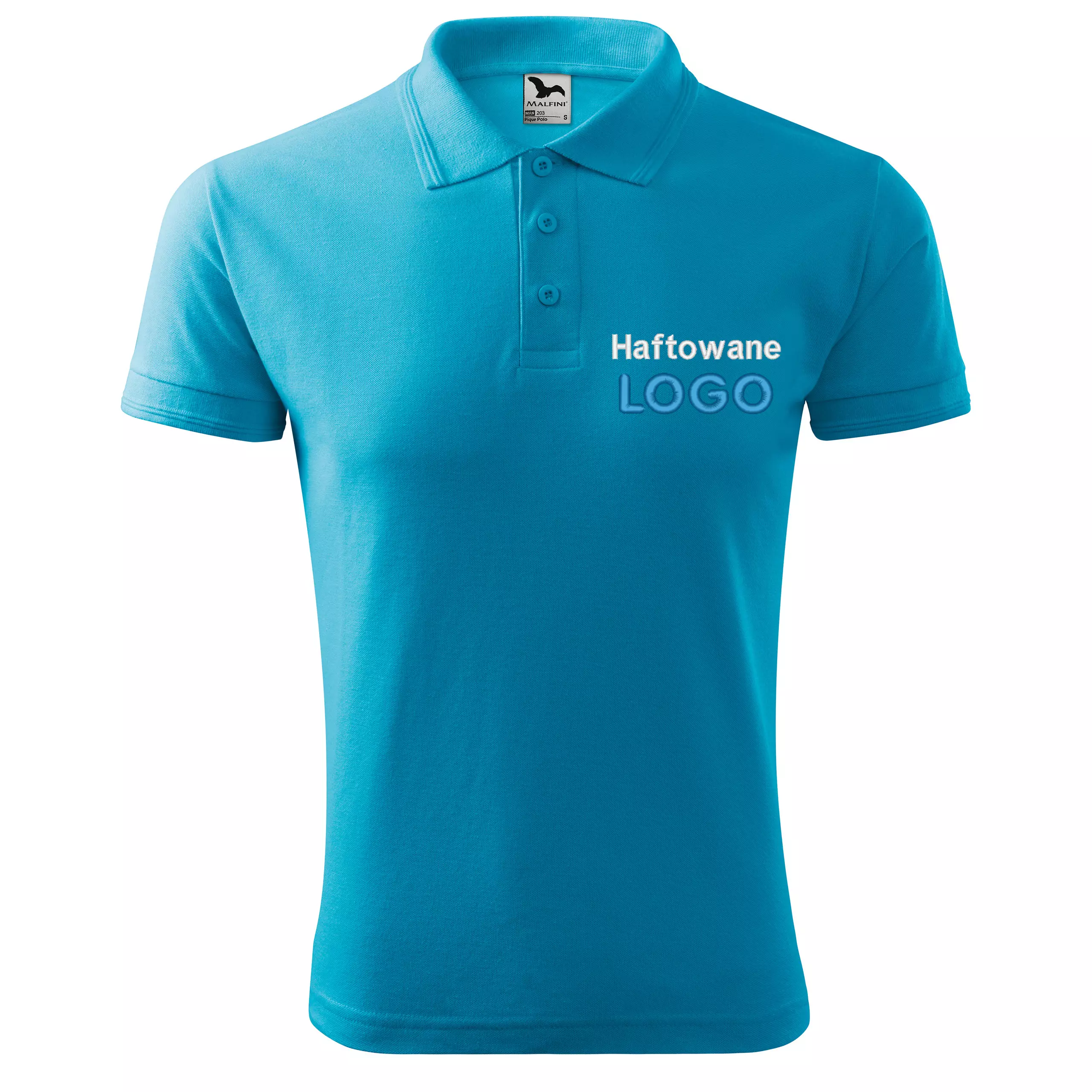 Koszulka polo TURKUSOWA z logo na sercu męska z HAFTEM logo firmy 200g 203 kolor 44 koszulka polo