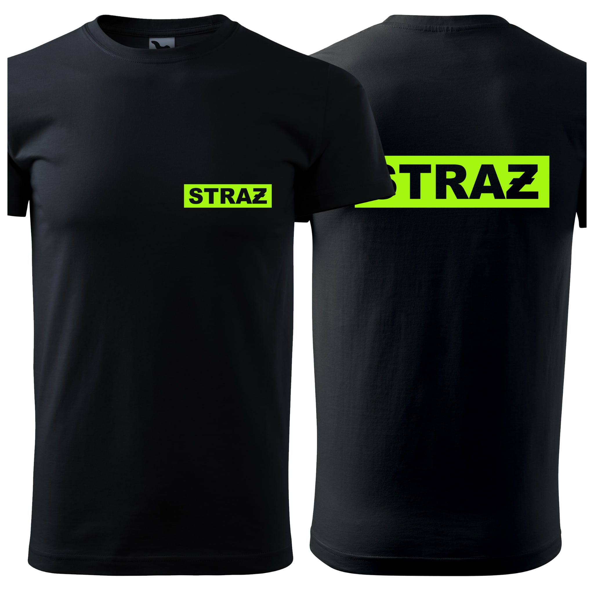 Koszulka czarna z krótkim rękawem z NAPISEM "STRAŻ"  w zielonej ramce na sercu i plecach męska NADRUK 160g BASIC129 koszulka krótki rękaw kolor czarny