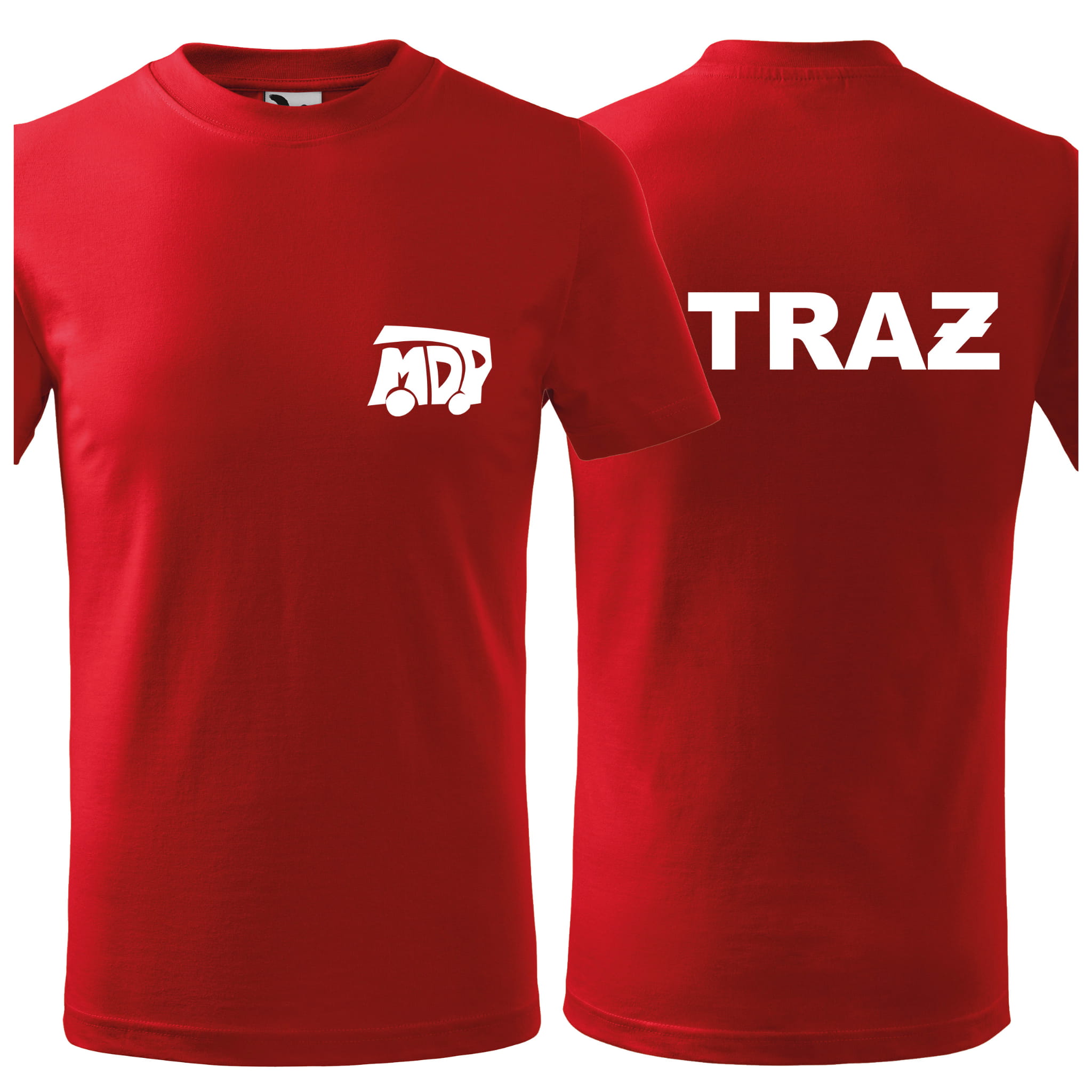 Koszulka dziecięca z krótkim rękawem z logo MDP na sercu i napisem "STRAŻ" na plecach unisex 160g Basic138 koszulka krótki rękaw kolor czerwony