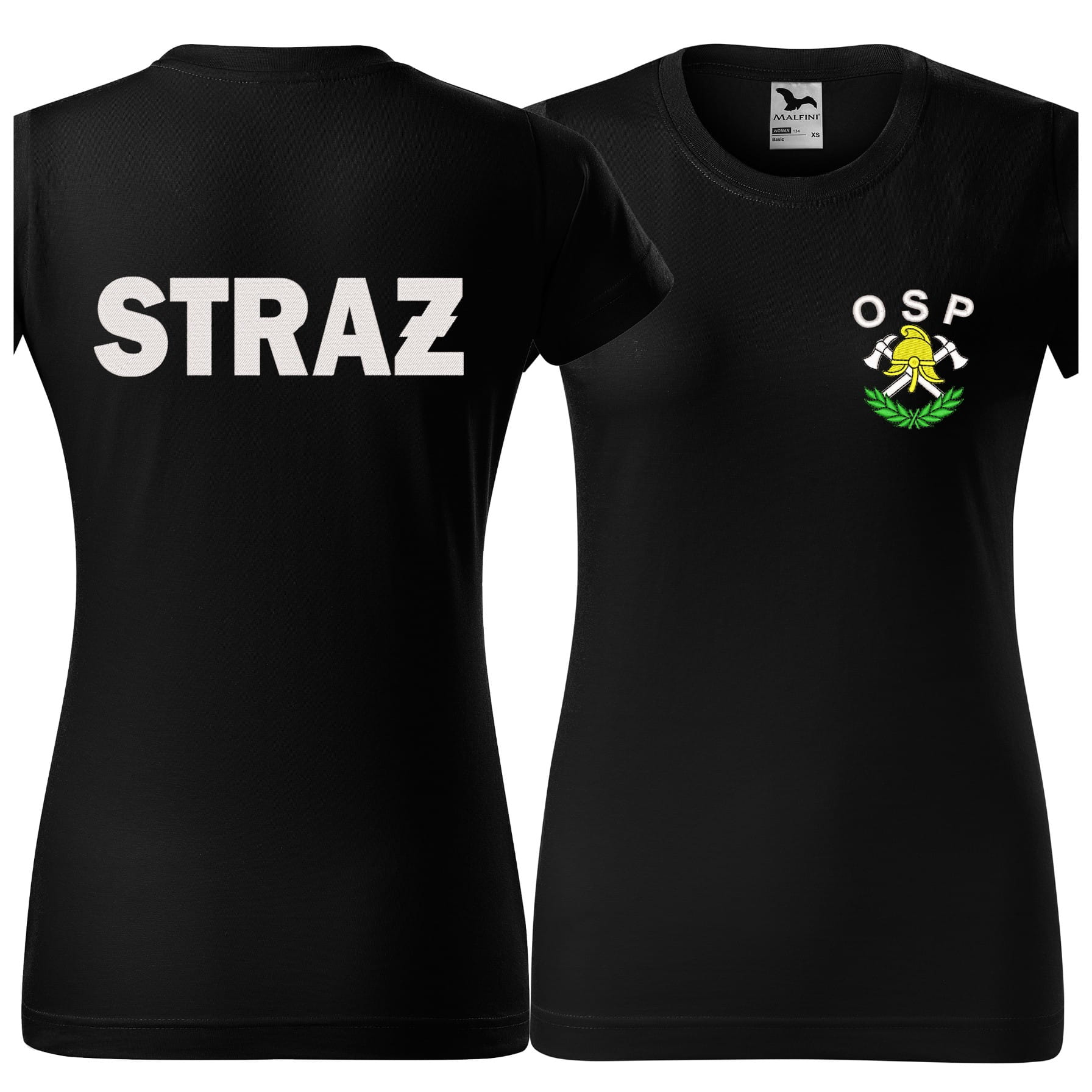 Koszulka z krótkim rękawem z logo na sercu i plecach damska z HAFTEM logo OSP 160g BASIC134 koszulka krótki rękaw kolor czarny 