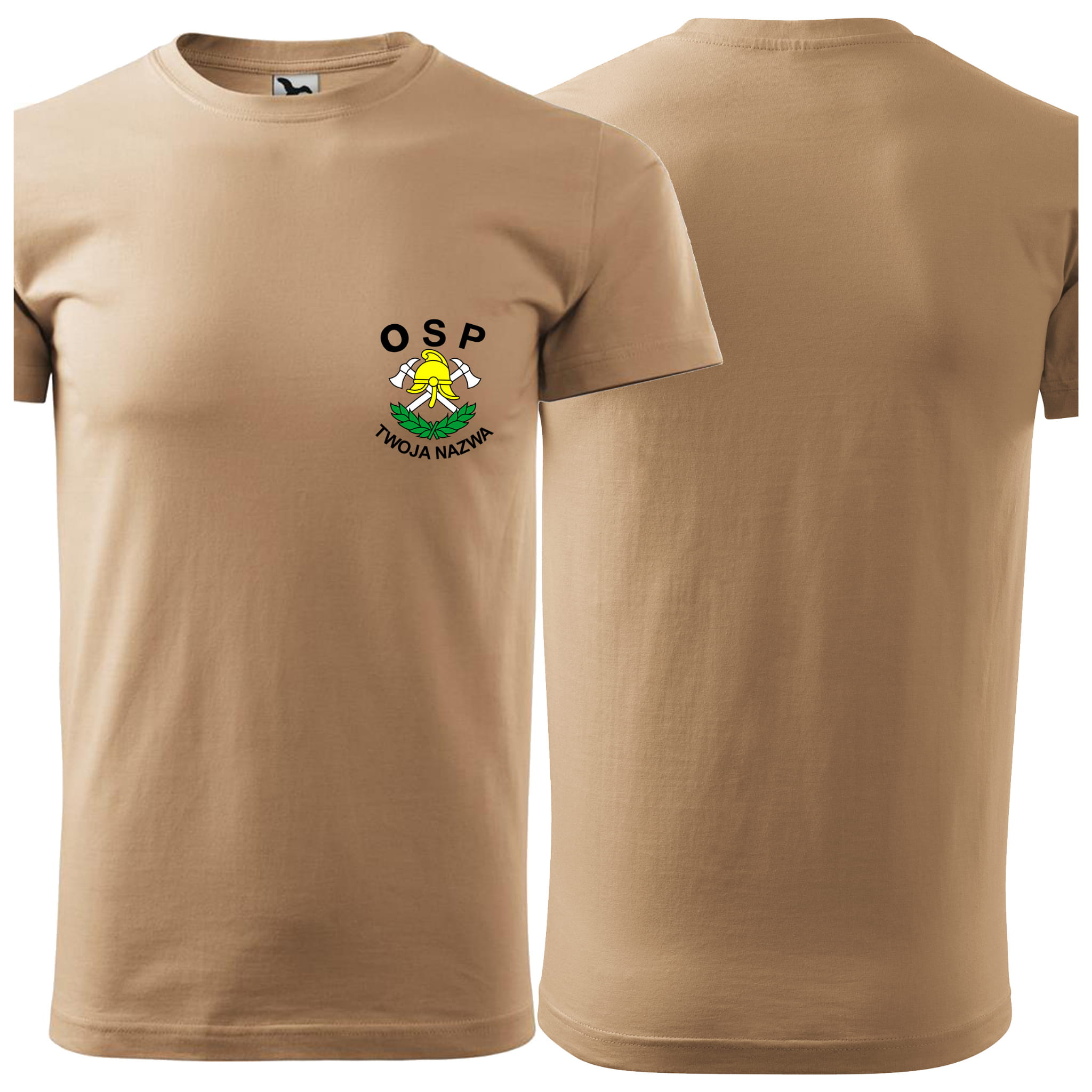 Koszulka z krótkim rękawem z logo OSP na sercu męska z NADRUKIEM 160g BASIC129 koszulka krótki rękaw kolor piaskowy