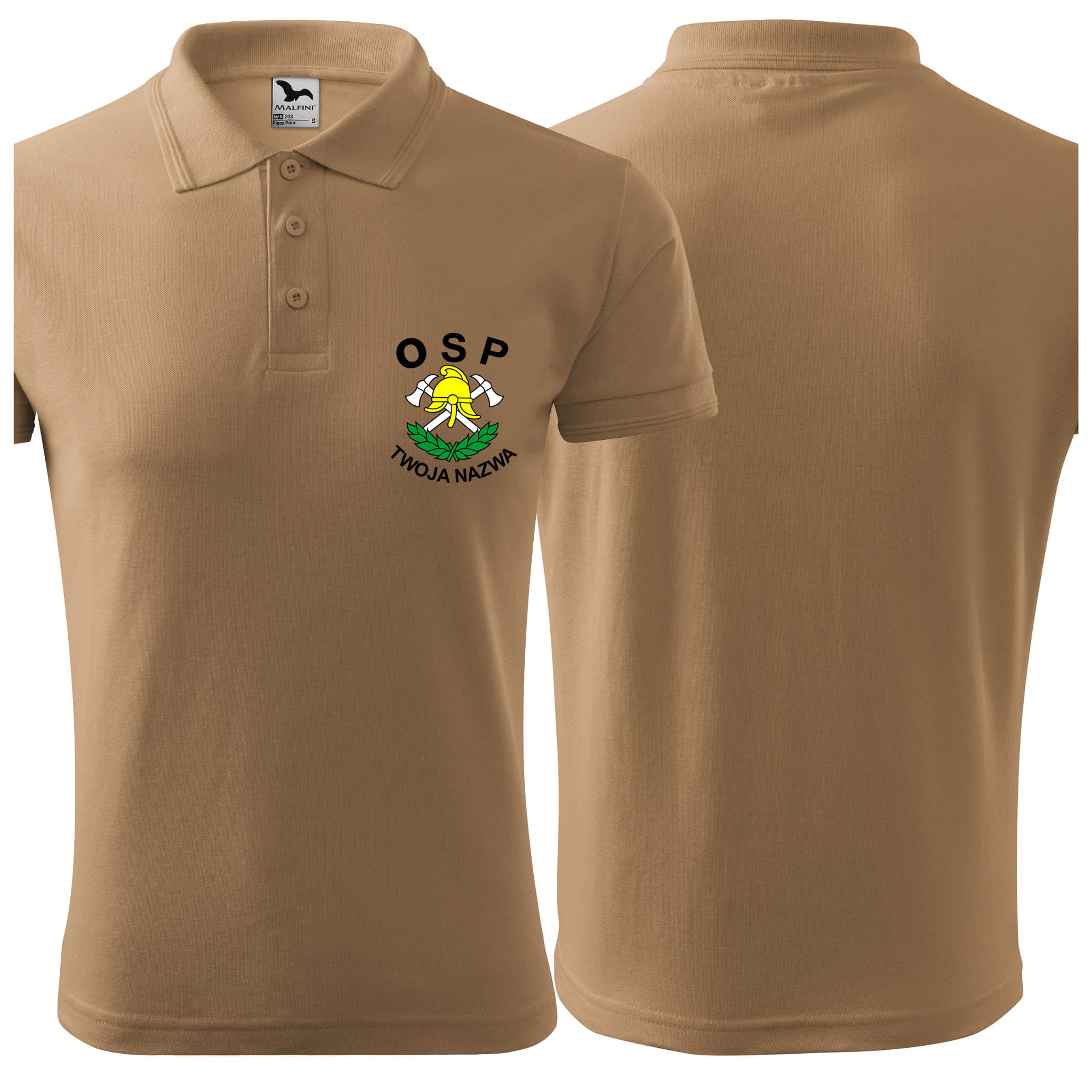 Koszulka polo z krótkim rękawem z logo OSP na sercu męska z NADRUKIEM 200g Pique Polo203 koszulka polo krótki rękaw kolor piaskowy