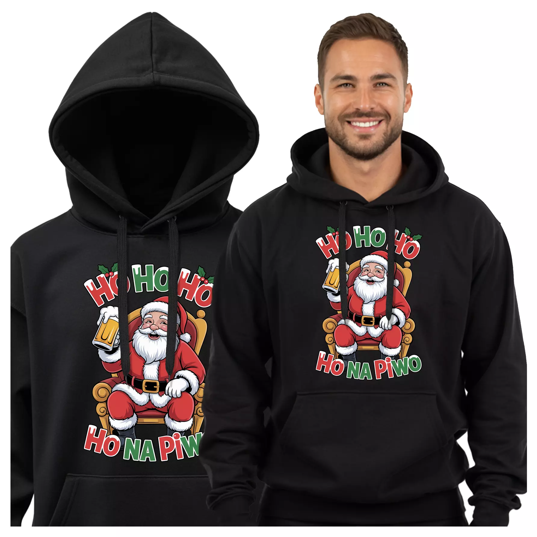 BLUZA Z KAPTUREM ŚWIĄTECZNA PREZENT MIKOŁAJKOWY Z NAPISEM: "HO HO HO NA PIWO".