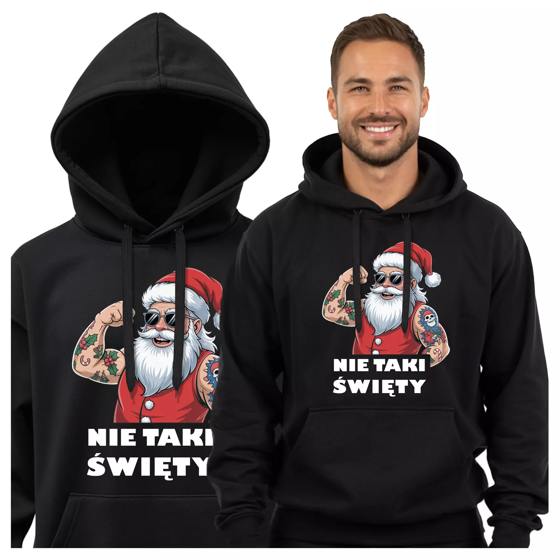 BLUZA Z KAPTUREM ŚWIĄTECZNA PREZENT MIKOŁAJKOWY Z NAPISEM: "NIE TAKI ŚWIĘTY"