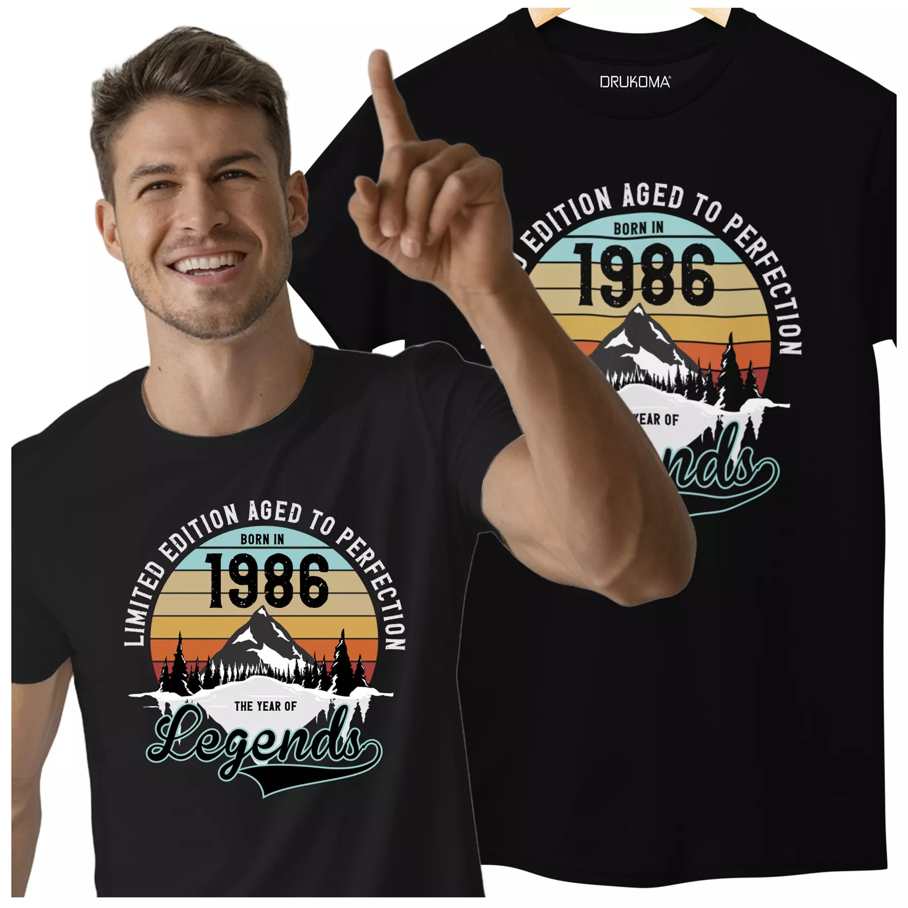 Koszulka na urodziny na 40 CZTERDZIESTKĘ z napisem: "LIMITED EDITION AGED TO PERFECTION BORN IN 1986 THE YEAR OF LEGENDS" 