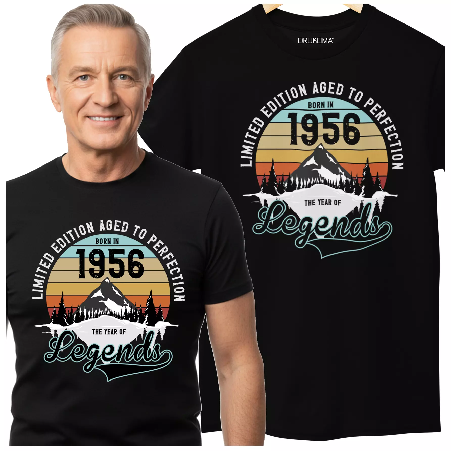 Koszulka na urodziny na 70 SIEDEMDZIESIĄTKĘ z napisem: "LIMITED EDITION AGED TO PERFECTION BORN IN 1956 THE YEAR OF LEGENDS"